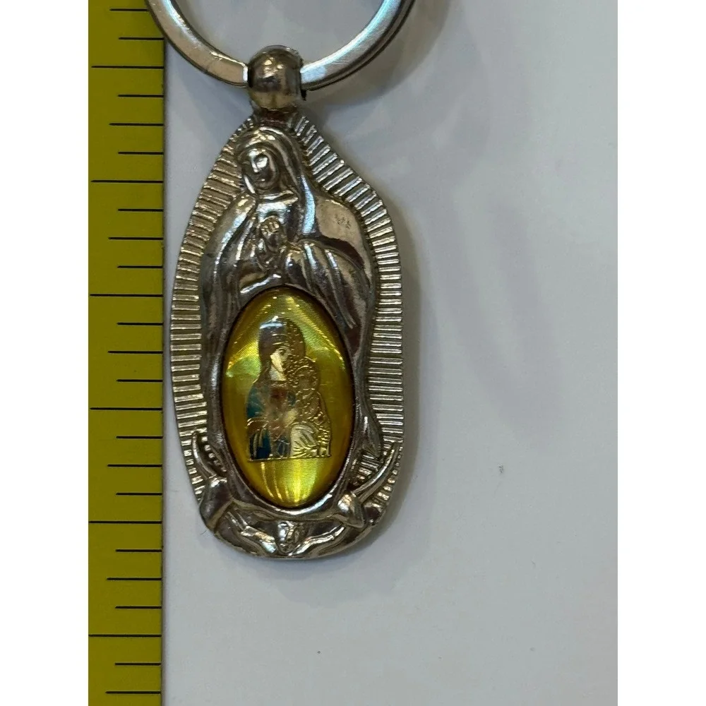 Our Lady of Guadalupe Religious Keychain Silver Tone Yellow Holographic Image